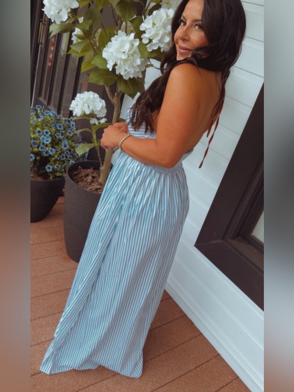 Blue & White Pinstripe with Brown Trim Halter Dress - Picture 2 of 4